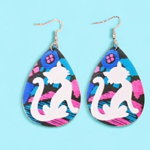 Colorful Cat Design Wood Teardrop Earrings - Picture 1 of 5